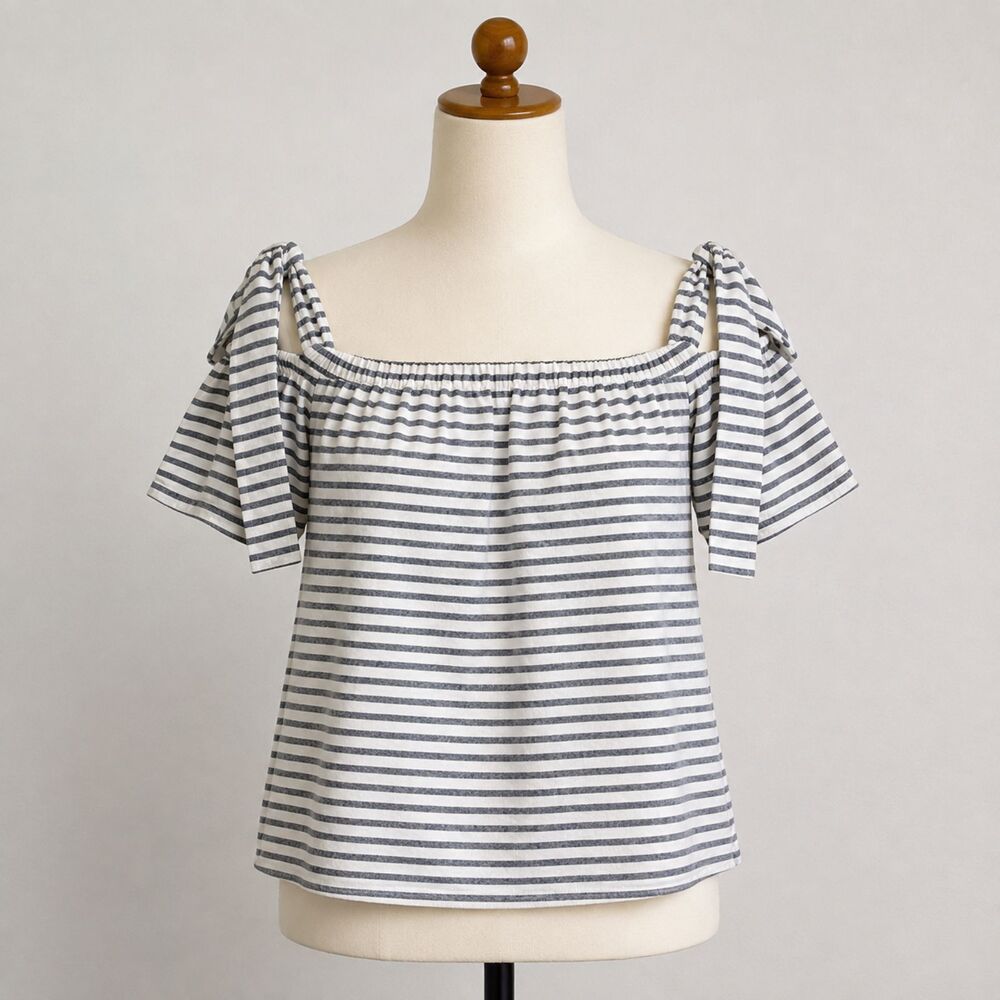 Soprano Striped Off Shoulder Top Cotton Linen Tie Shoulder Short Sleeve M